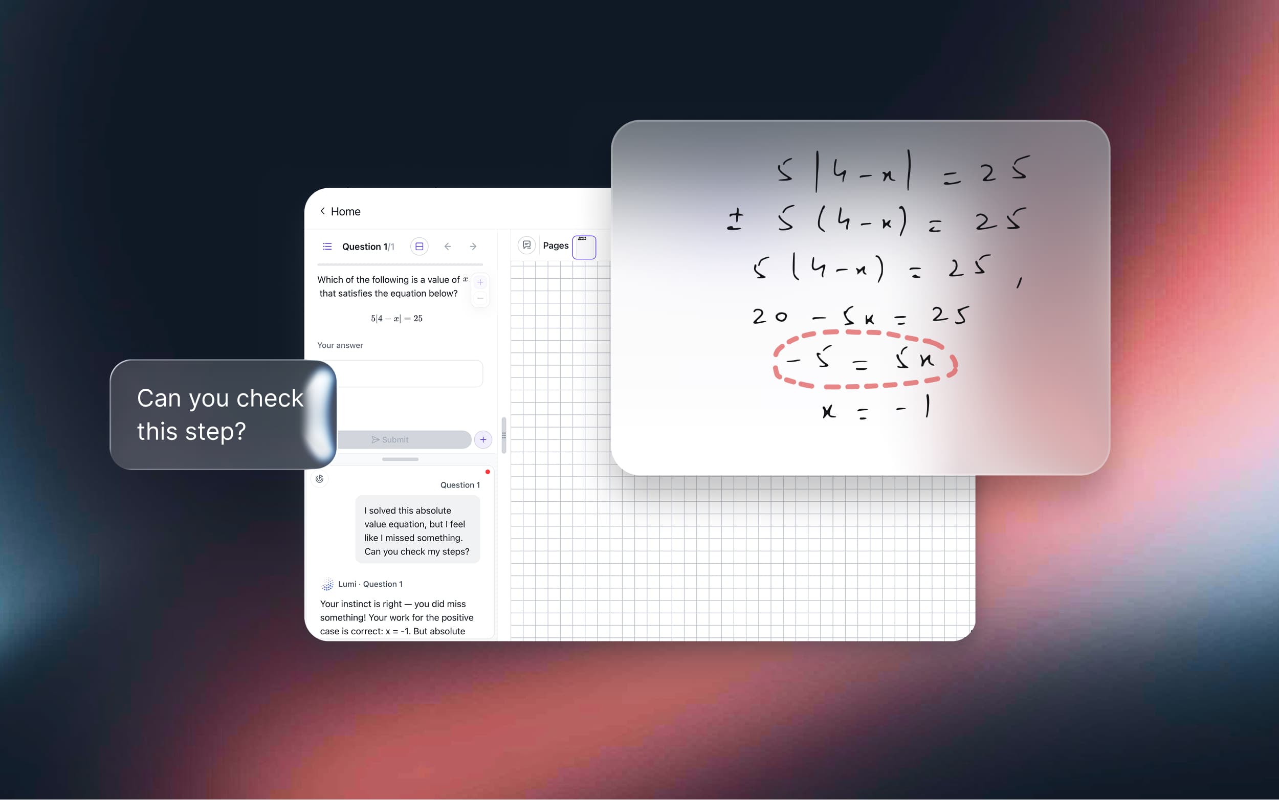 Stuck mid-solution? Ask Lumi in Live Mode on your tablet